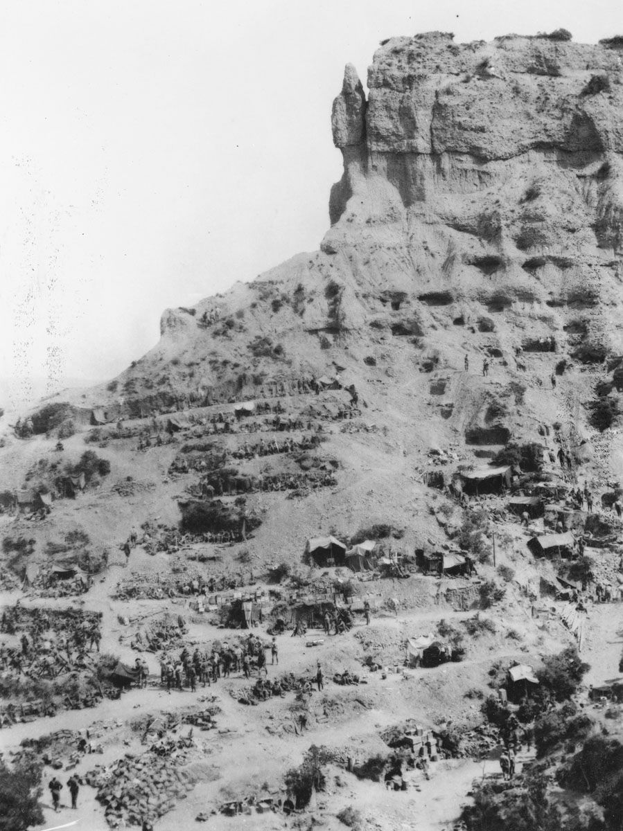 The rock formation known as`The Sphinx' is still visible today. This image shows dug-outs carved into the hillside.